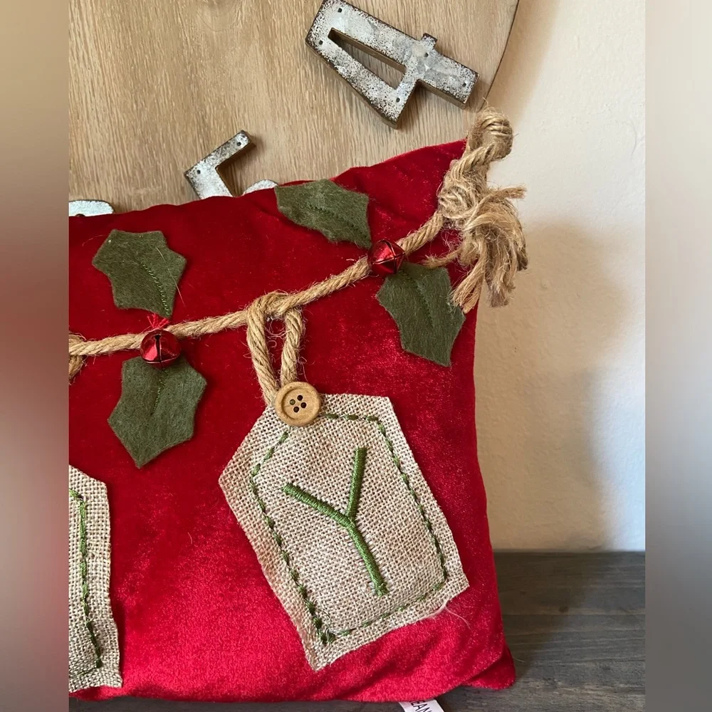 Vintage MCM Merry Joy Christmas Velvet Pillow Holiday Primitive Country Rustic